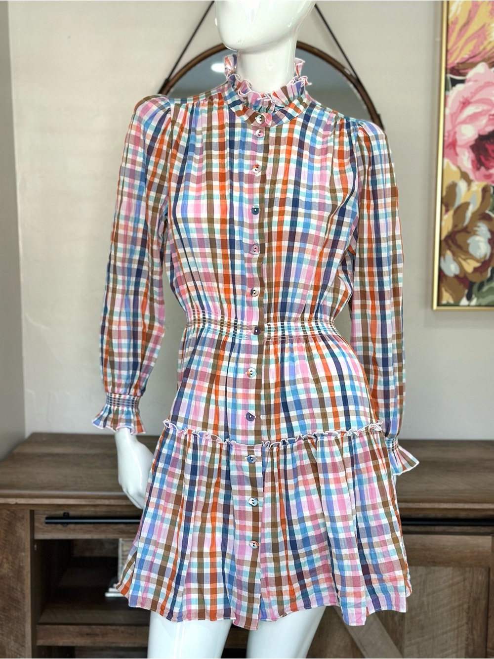 HUNTER BELL Multi-Color Plaid Long-Sleeve Ruffle Dress Sz M- Joplin Dress